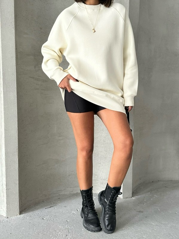 SWT-14271 Ekru Cepli Oversize Üç İplik Basic Sweatshirt
