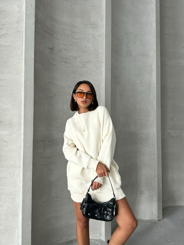 SWT-14271 Ekru Cepli Oversize Üç İplik Basic Sweatshirt