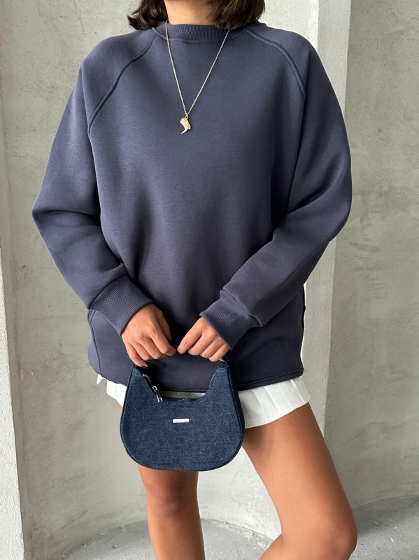 SWT-14271 Füme Cepli Oversize Üç İplik Basic Sweatshirt