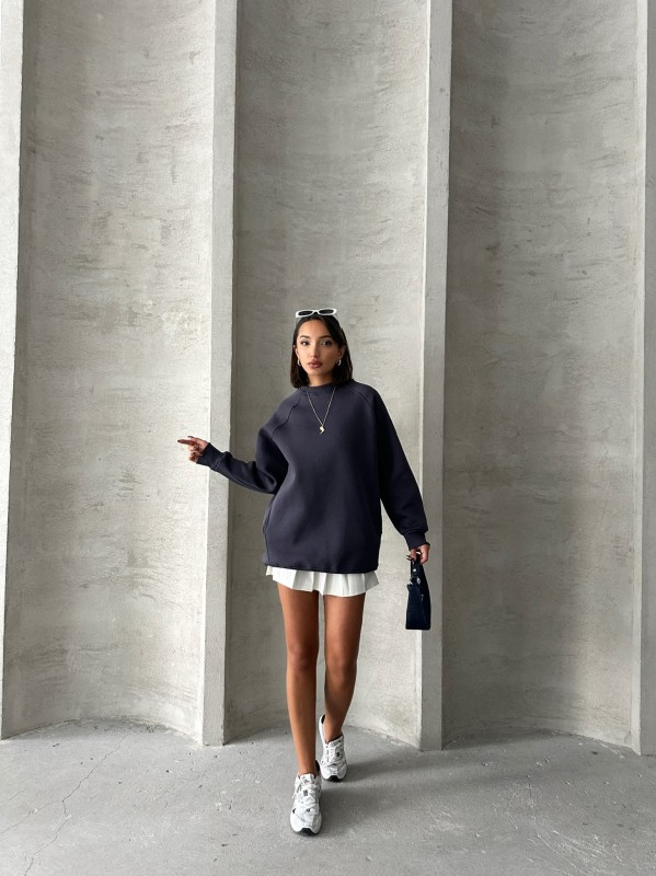 SWT-14271 Füme Cepli Oversize Üç İplik Basic Sweatshirt