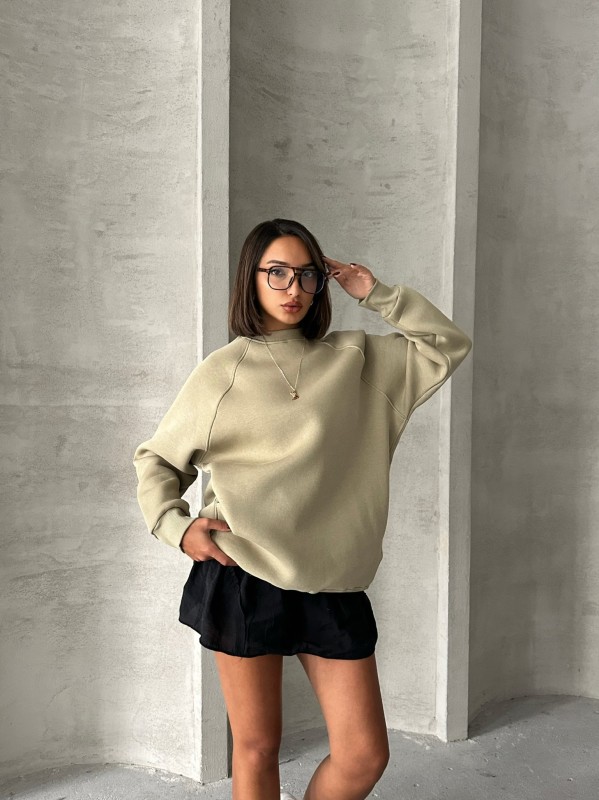 SWT-14271 Haki Cepli Oversize Üç İplik Basic Sweatshirt