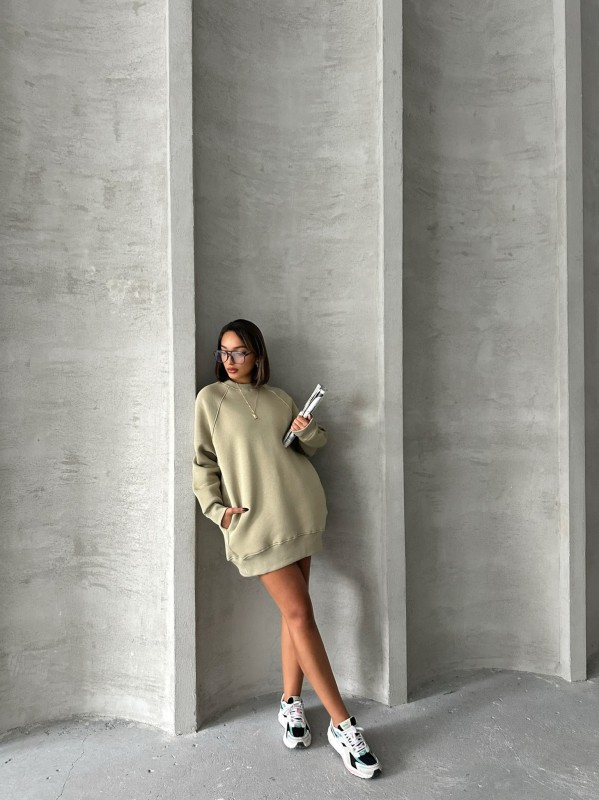 SWT-14271 Haki Cepli Oversize Üç İplik Basic Sweatshirt