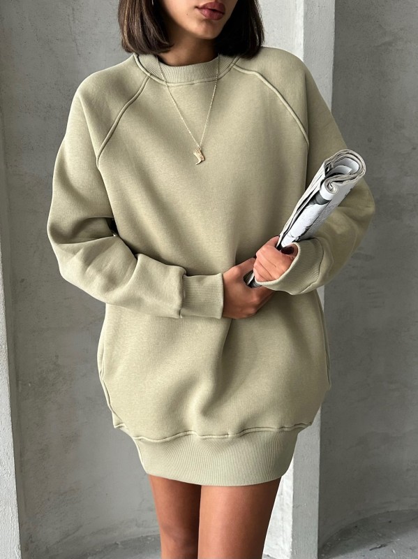 SWT-14271 Haki Cepli Oversize Üç İplik Basic Sweatshirt