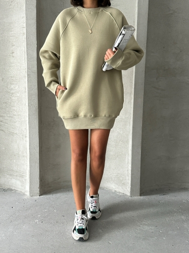 SWT-14271 Haki Cepli Oversize Üç İplik Basic Sweatshirt - Thumbnail