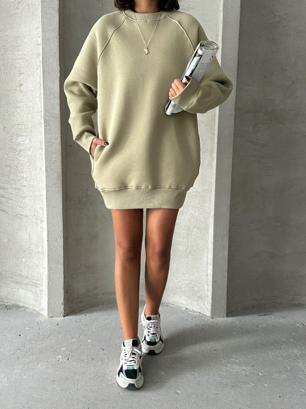SWT-14271 Haki Cepli Oversize Üç İplik Basic Sweatshirt