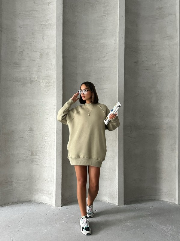 SWT-14271 Haki Cepli Oversize Üç İplik Basic Sweatshirt