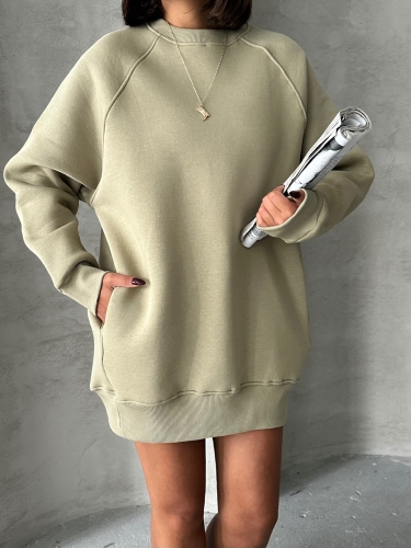 Cappmoda - SWT-14271 Haki Cepli Oversize Üç İplik Basic Sweatshirt (1)