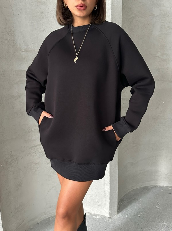 SWT-14271 Siyah Cepli Oversize Üç İplik Basic Sweatshirt