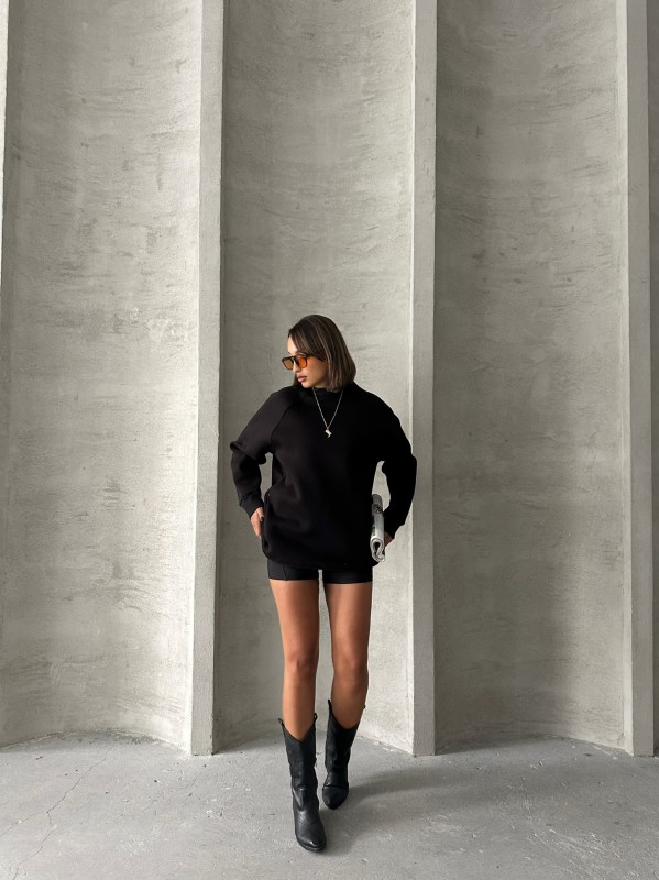 SWT-14271 Siyah Cepli Oversize Üç İplik Basic Sweatshirt