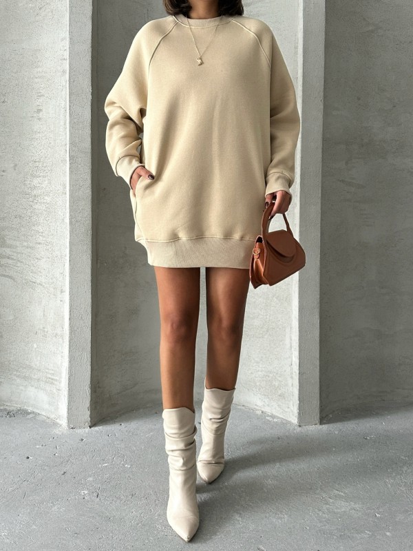 SWT-14271 Vizon Cepli Oversize Üç İplik Basic Sweatshirt