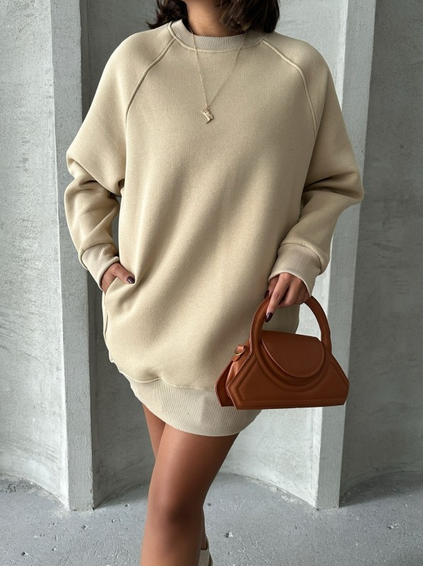 SWT-14271 Vizon Cepli Oversize Üç İplik Basic Sweatshirt