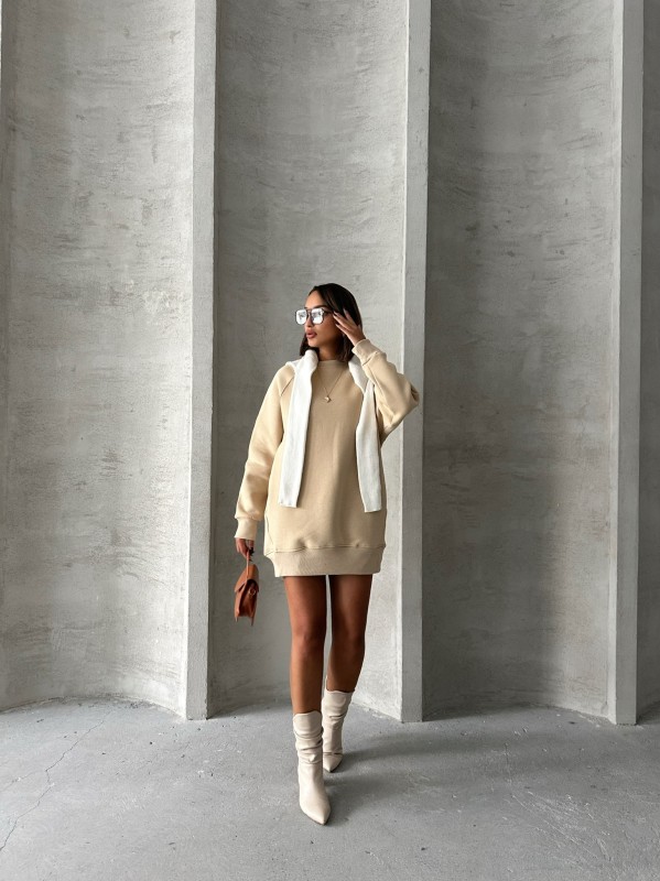 SWT-14271 Vizon Cepli Oversize Üç İplik Basic Sweatshirt