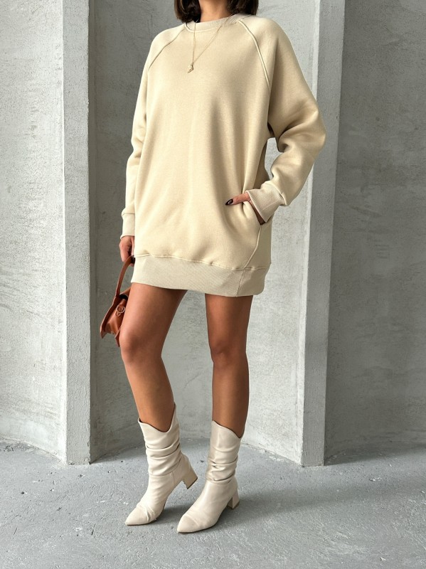 SWT-14271 Vizon Cepli Oversize Üç İplik Basic Sweatshirt