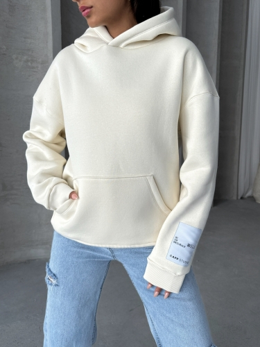 SWT-14274 Ekru Kol Etiket Detaylı Kapüşonlu Üç İplik Şardonlu Sweatshirt - Thumbnail