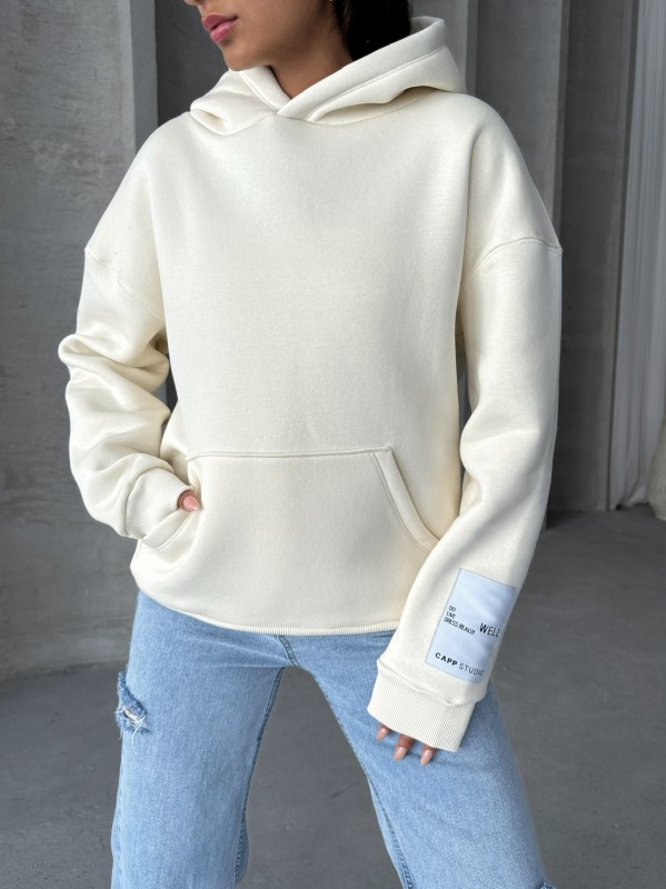 SWT-14274 Ekru Kol Etiket Detaylı Kapüşonlu Üç İplik Şardonlu Sweatshirt