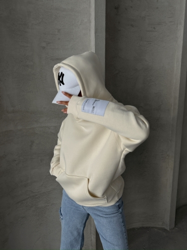 SWT-14274 Ekru Kol Etiket Detaylı Kapüşonlu Üç İplik Şardonlu Sweatshirt - Thumbnail