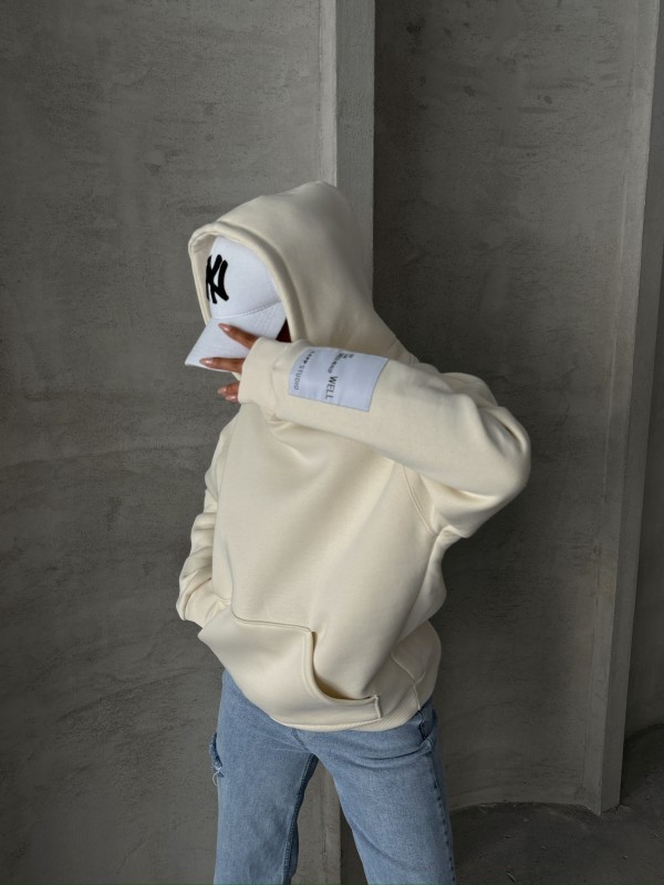 SWT-14274 Ekru Kol Etiket Detaylı Kapüşonlu Üç İplik Şardonlu Sweatshirt