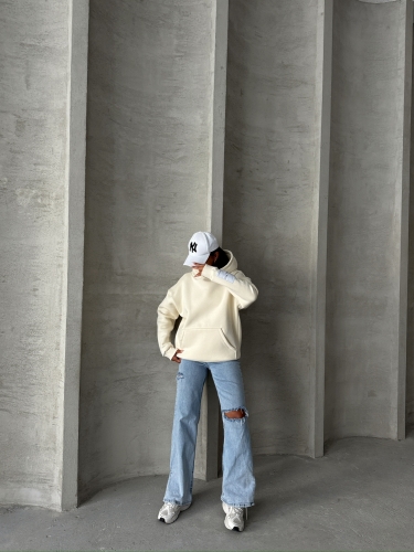 SWT-14274 Ekru Kol Etiket Detaylı Kapüşonlu Üç İplik Şardonlu Sweatshirt - Thumbnail