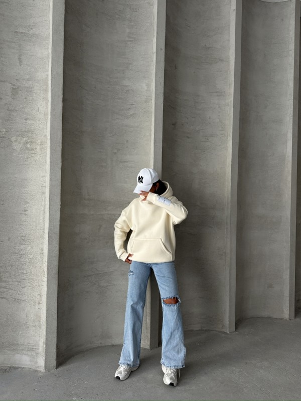 SWT-14274 Ekru Kol Etiket Detaylı Kapüşonlu Üç İplik Şardonlu Sweatshirt