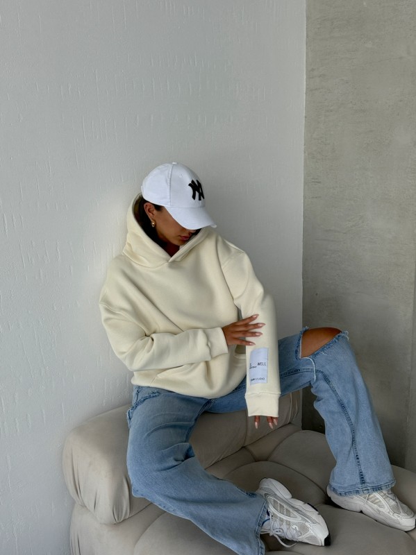 SWT-14274 Ekru Kol Etiket Detaylı Kapüşonlu Üç İplik Şardonlu Sweatshirt