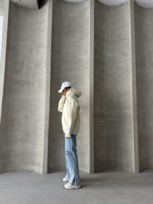 SWT-14274 Ekru Kol Etiket Detaylı Kapüşonlu Üç İplik Şardonlu Sweatshirt