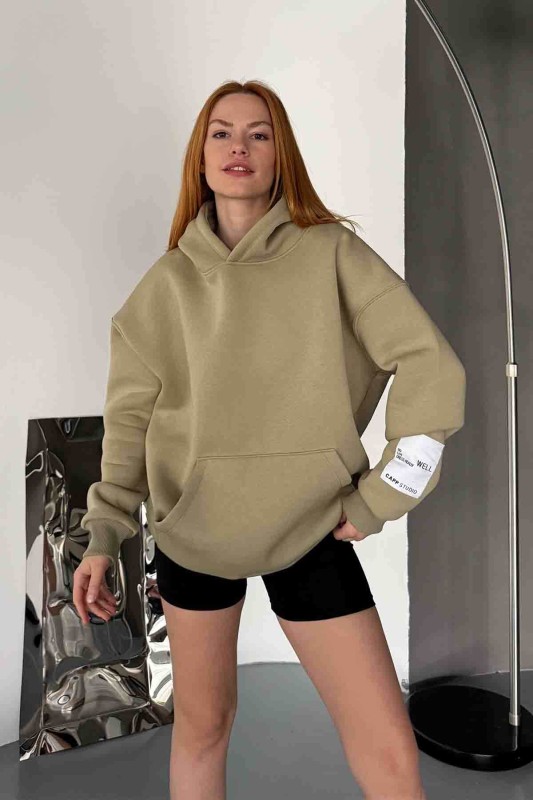 SWT-14274 Haki Kol Etiket Detaylı Kapüşonlu Üç İplik Şardonlu Sweatshirt