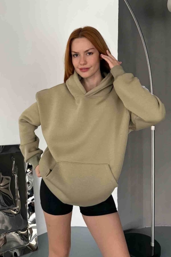 SWT-14274 Haki Kol Etiket Detaylı Kapüşonlu Üç İplik Şardonlu Sweatshirt - Thumbnail