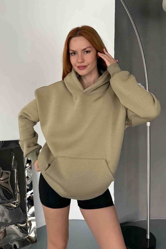 SWT-14274 Haki Kol Etiket Detaylı Kapüşonlu Üç İplik Şardonlu Sweatshirt