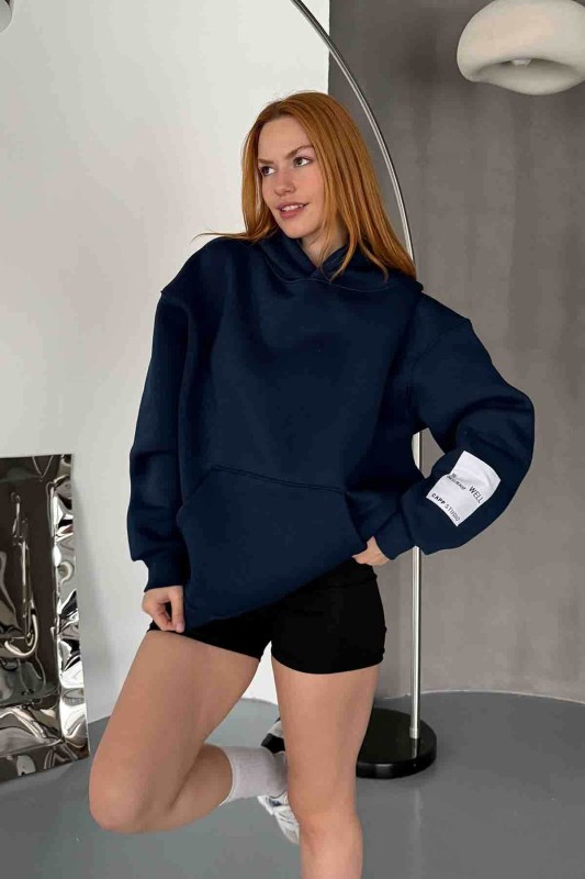 SWT-14274 Lacivert Kol Etiket Detaylı Kapüşonlu Üç İplik Şardonlu Sweatshirt