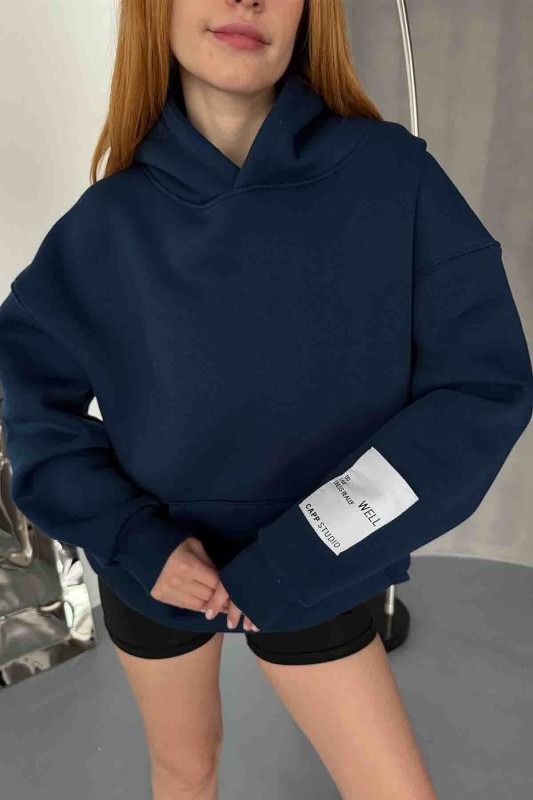 SWT-14274 Lacivert Kol Etiket Detaylı Kapüşonlu Üç İplik Şardonlu Sweatshirt