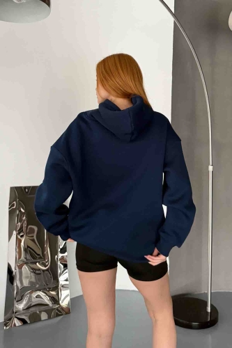 SWT-14274 Lacivert Kol Etiket Detaylı Kapüşonlu Üç İplik Şardonlu Sweatshirt - Thumbnail