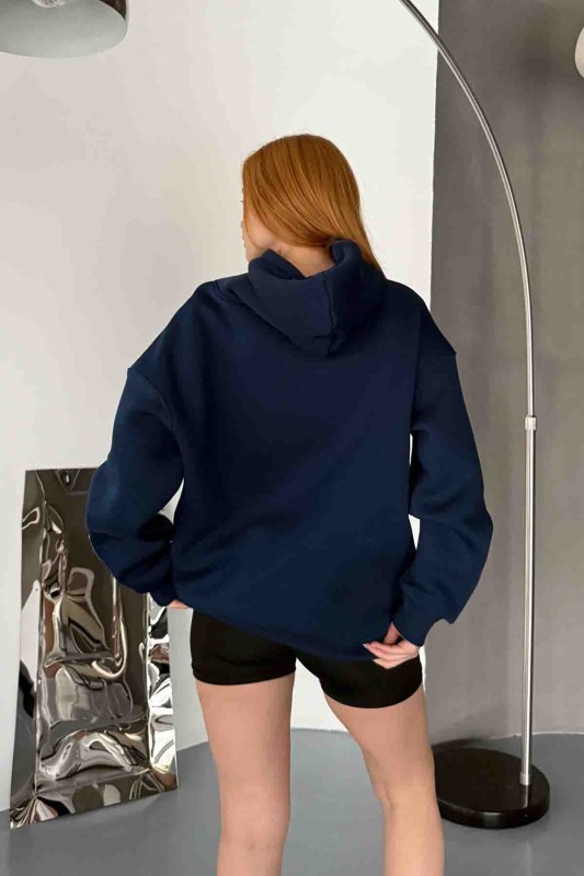 SWT-14274 Lacivert Kol Etiket Detaylı Kapüşonlu Üç İplik Şardonlu Sweatshirt