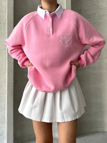 SWT-14276 Pembe Gömlek Yaka Raket Nakışlı Üç İplik Şardonlu Oversize Sweatshirt 