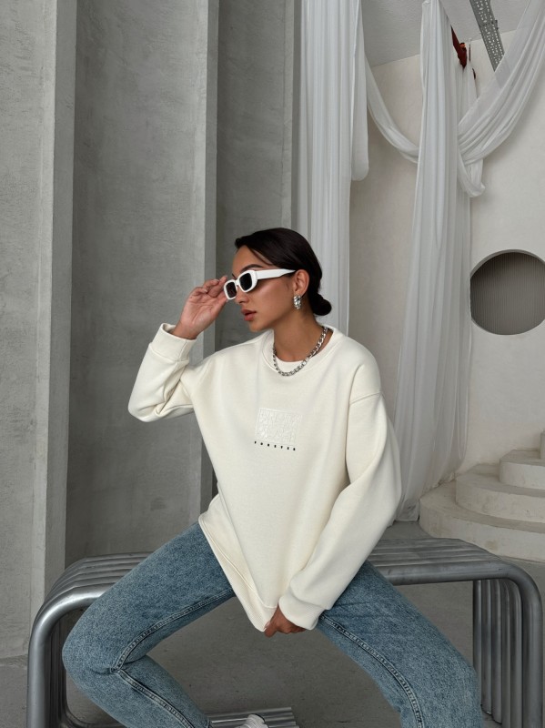 SWT-14283 Beyaz Forever Yazı Baskılı Üç İplik Şardonlu Bisiklet Yaka Sweatshirt
