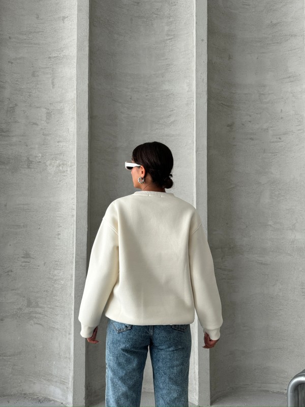 SWT-14283 Beyaz Forever Yazı Baskılı Üç İplik Şardonlu Bisiklet Yaka Sweatshirt