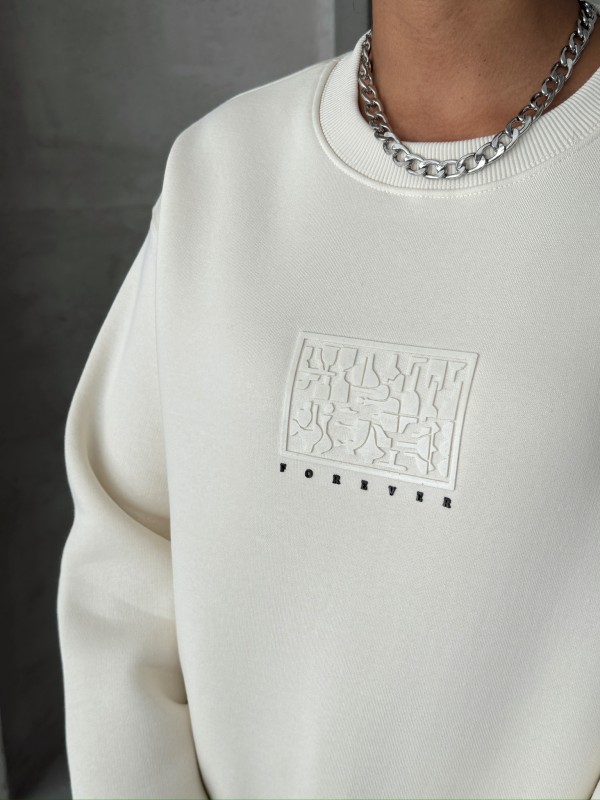 SWT-14283 Beyaz Forever Yazı Baskılı Üç İplik Şardonlu Bisiklet Yaka Sweatshirt