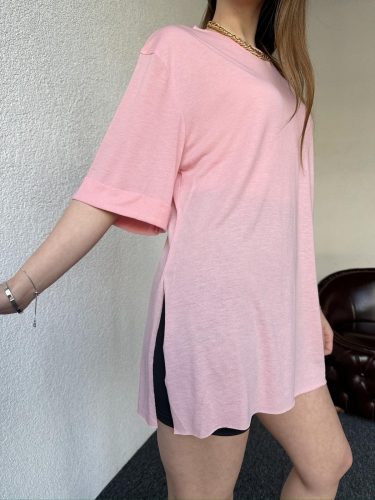 Cappmoda - T-20 Pudra Duble Kol Detay Yan Yırtmaçlı Bisiklet Yaka Basıc Tişört (1)