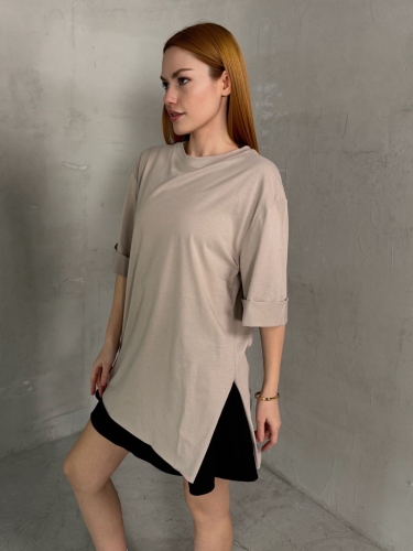 Cappmoda - T-20 Taş Duble Kol Detay Yan Yırtmaçlı Bisiklet Yaka Basıc Tişört (1)