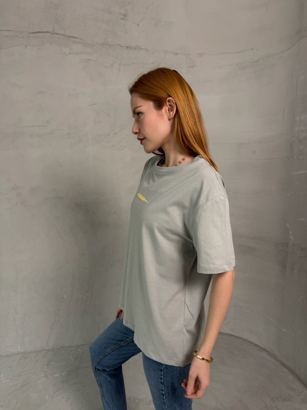 T-901 Boyama Gri Rus Yazılı Enjeksiyon Baskı Bisiklet Yaka Tshirt
