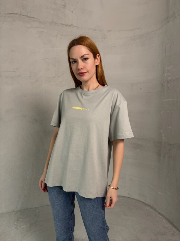 T-901 Boyama Gri Rus Yazılı Enjeksiyon Baskı Bisiklet Yaka Tshirt