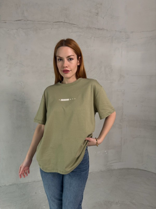 T-901 Haki Rus Yazılı Enjeksiyon Baskı Bisiklet Yaka Tshirt