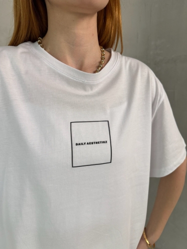 T-905 Beyaz Daily Kabartma Yazılı Bisiklet Yaka Tshirt - 3