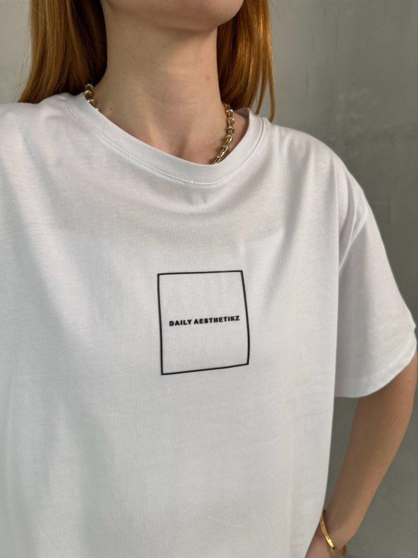 T-905 Beyaz Daily Kabartma Yazılı Bisiklet Yaka Tshirt - 3