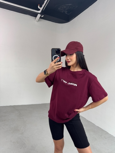 Cappmoda - T-923 Bordo Wake Up Kabartma Baskılı Salaş Pamuklu Tişört (1)
