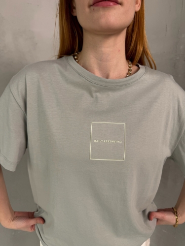 T-905 Boyama Gri Daily Kabartma Yazılı Bisiklet Yaka Tshirt 