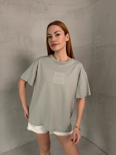 T-905 Boyama Gri Daily Kabartma Yazılı Bisiklet Yaka Tshirt - 2