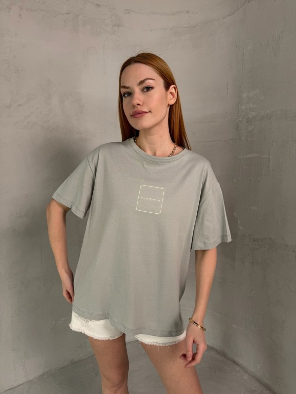 T-905 Boyama Gri Daily Kabartma Yazılı Bisiklet Yaka Tshirt - 2