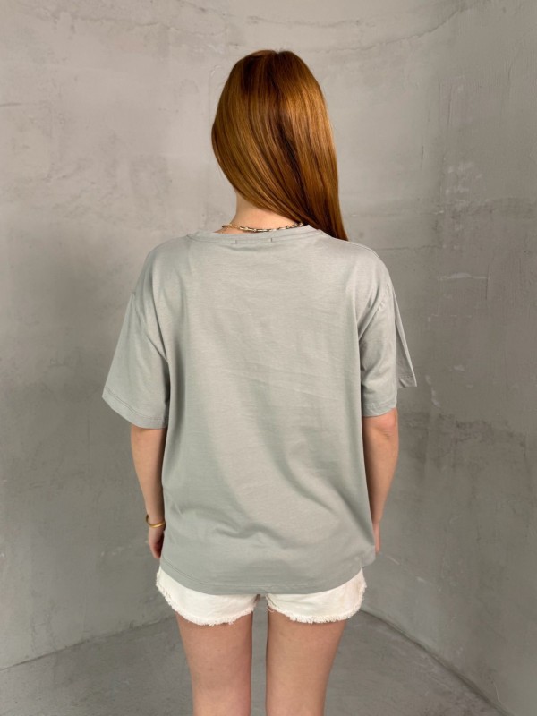T-905 Boyama Gri Daily Kabartma Yazılı Bisiklet Yaka Tshirt - 4