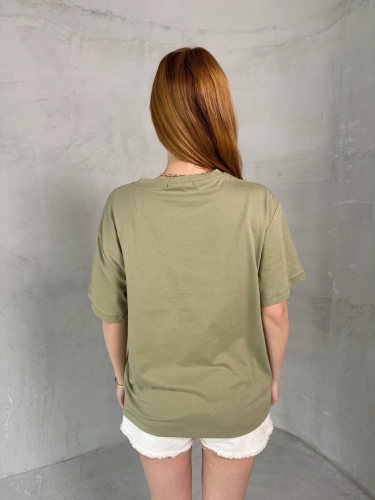T-905 Haki Daily Kabartma Yazılı Bisiklet Yaka Tshirt - Thumbnail