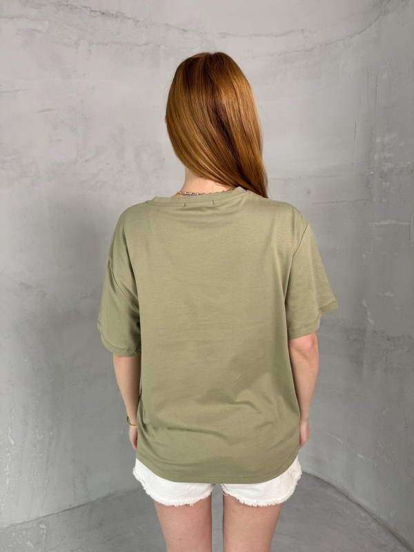 T-905 Haki Daily Kabartma Yazılı Bisiklet Yaka Tshirt
